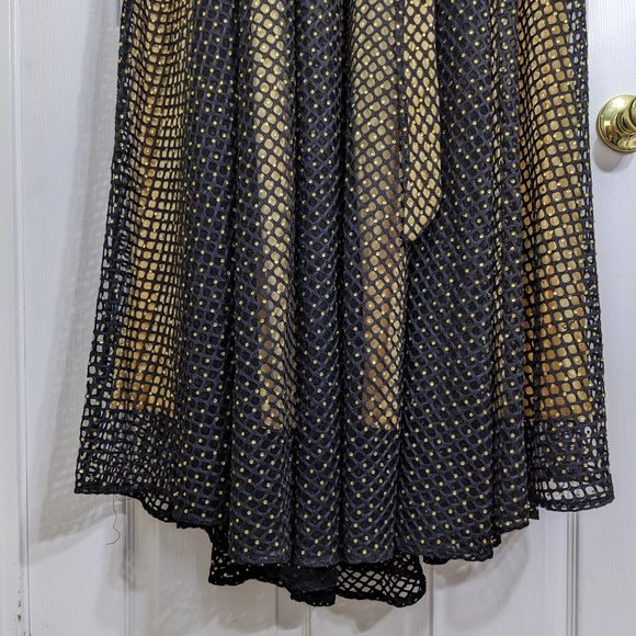 Raquel Black Net Overlay Gold Liner Crystals Tie Belt Maxi Skirt - size 1XL NWT - Picture 6 of 14